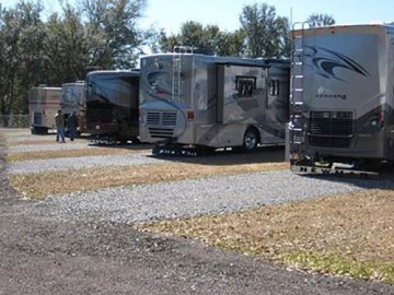 Big rigs parked in pull-thru sites.