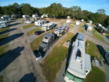 Drone view of campers and parked vehicles at the park.